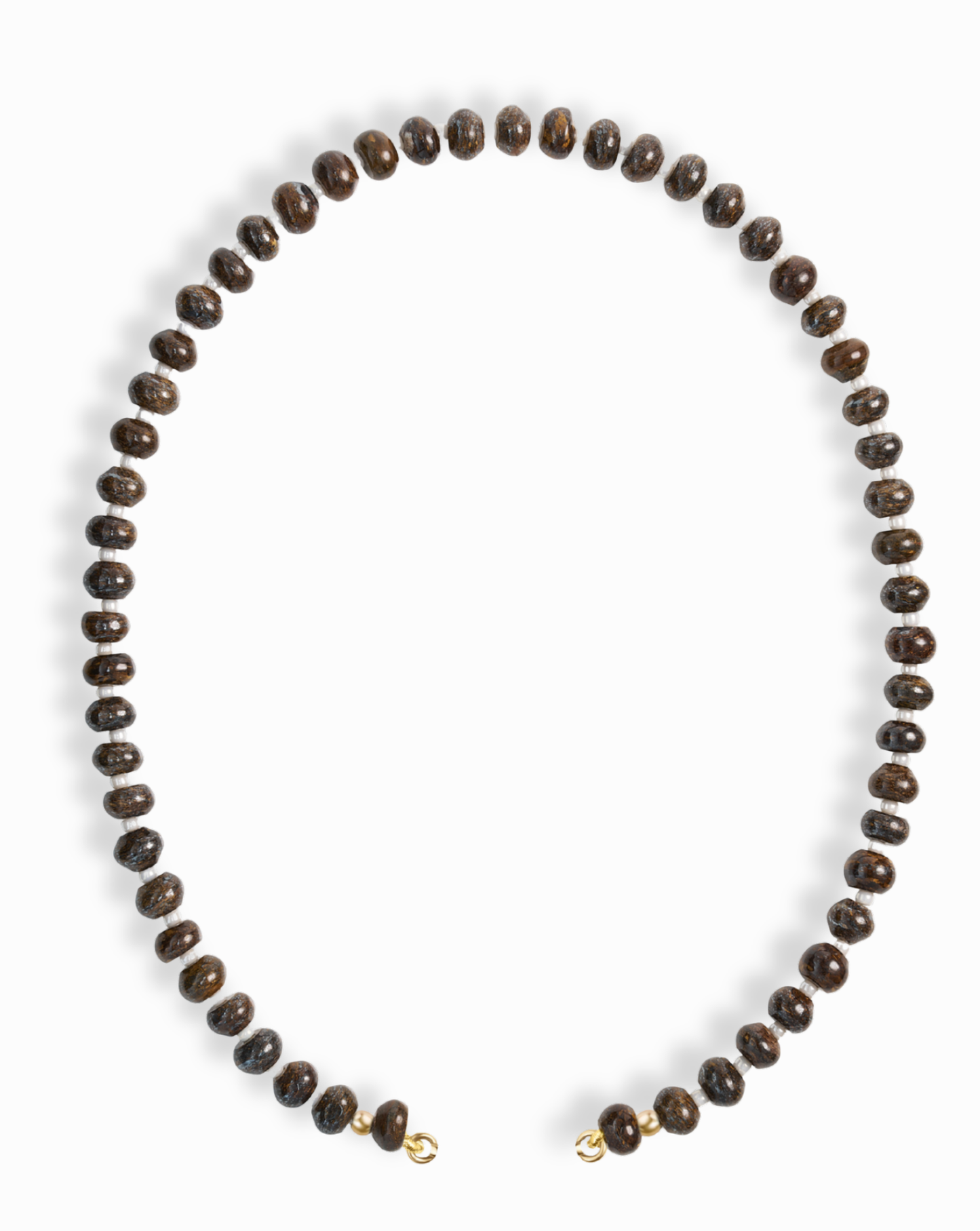 The Macey Gemstone Necklace by Mod + Jo features round dark brown beads arranged in a circle and finished with elegant 14k gold-plated clasps, shown on a white background.