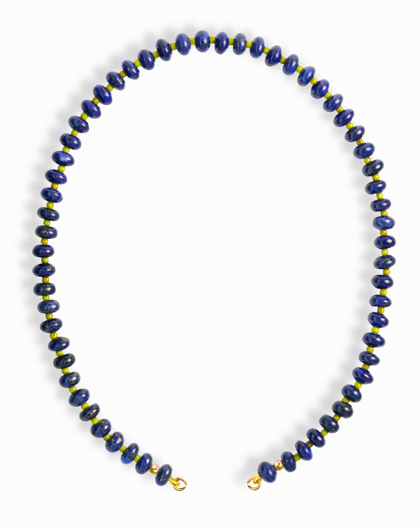 The Macey Gemstone Necklace by Mod + Jo showcases round, dark blue lapis lazuli beads with greenish-gold accents and is finished with elegant gold clasps.