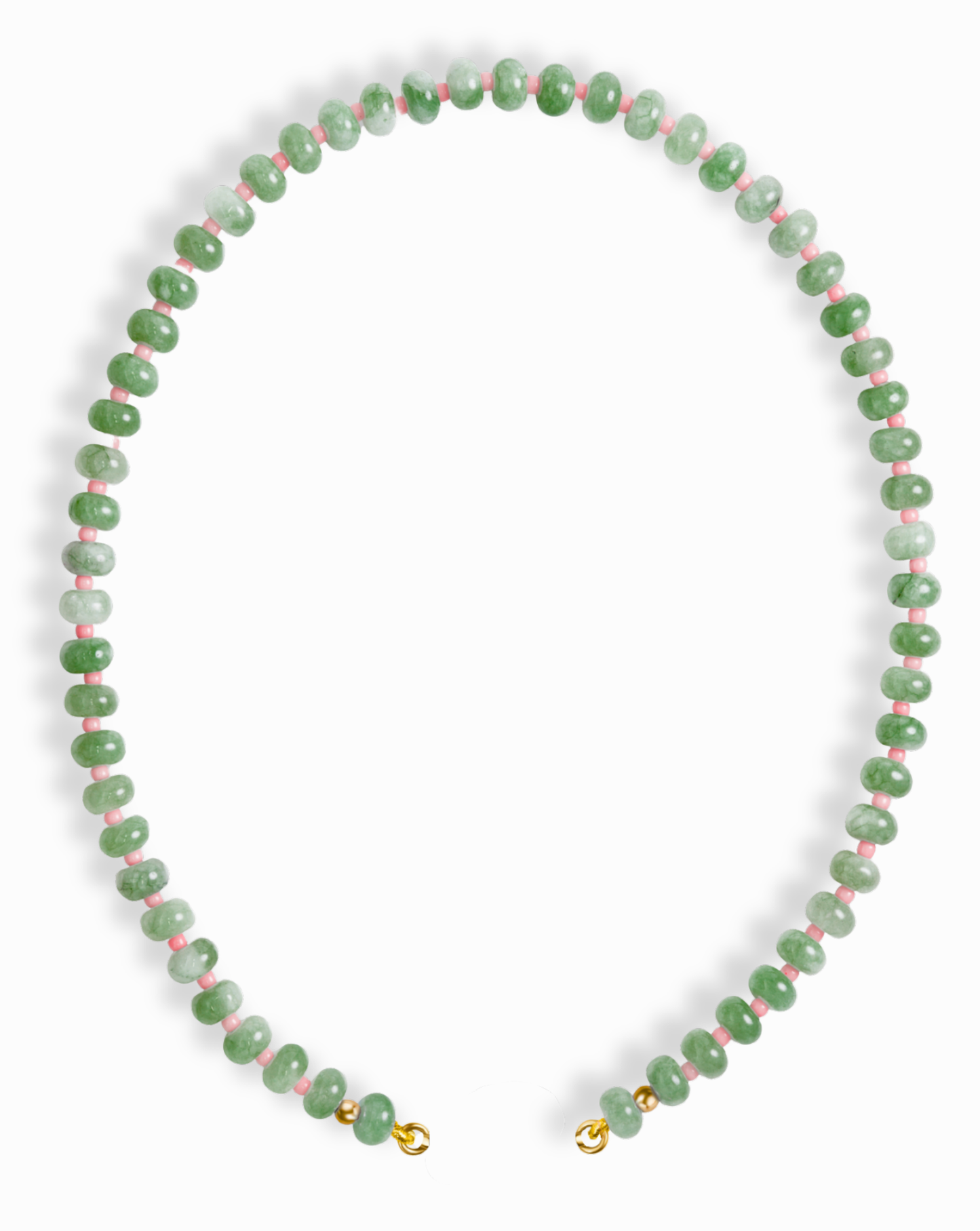 The Mod + Jo Macey Gemstone Necklace features round green jade beads with touches of white and pink, strung together and finished with gold clasps, shown on a white background.