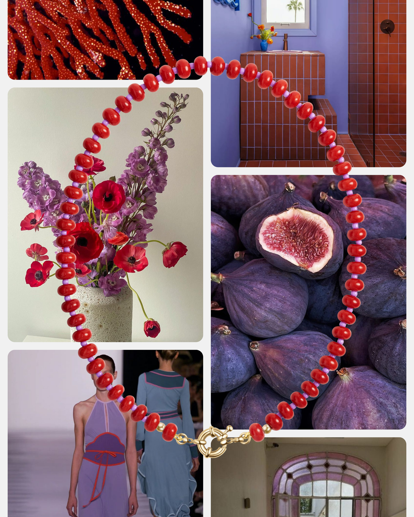 A collage featuring red coral, a purple tiled bathroom, purple flowers in a vase, fresh figs, a model in a purple dress with red accents, and an arched window, overlaid with the Mod + Jo Macey Gemstone Necklace crafted from natural semi-precious stones.