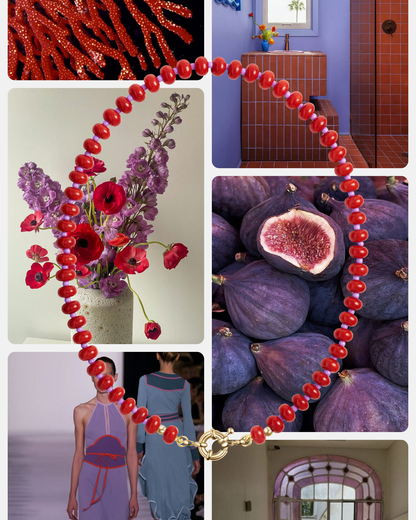 A collage featuring red coral, a purple tiled bathroom, purple flowers in a vase, fresh figs, a model in a purple dress with red accents, and an arched window, overlaid with the Mod + Jo Macey Gemstone Necklace crafted from natural semi-precious stones.