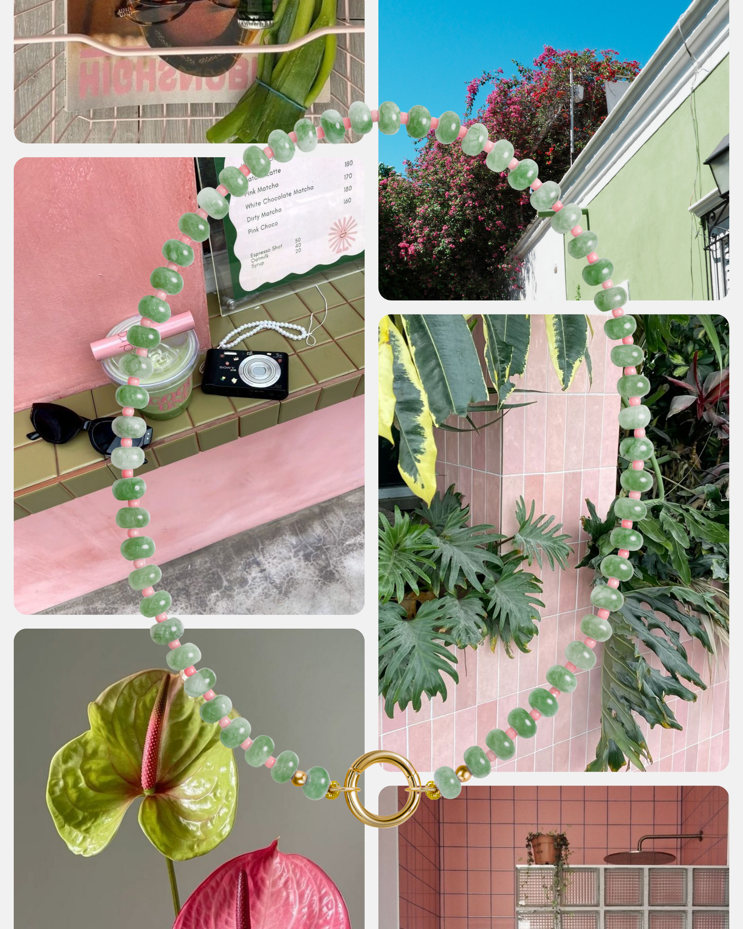 A vibrant collage with green and pink elements: the Mod + Jo Macey Gemstone Necklace with jade and pearl-like beads and a gold clasp, lush plants, a pink-tiled wall, a camera, and colorful buildings beneath a blue sky.