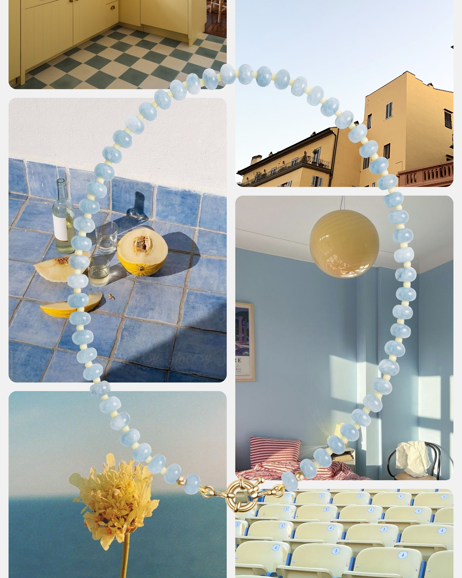 A collage shows pastel scenes: a checkered kitchen floor, yellow building, tiled table with drinks and fruit, sunlit classroom, yellow flower, and a Mod + Jo Macey Gemstone Necklace with semi-precious stones overlaid in the center.