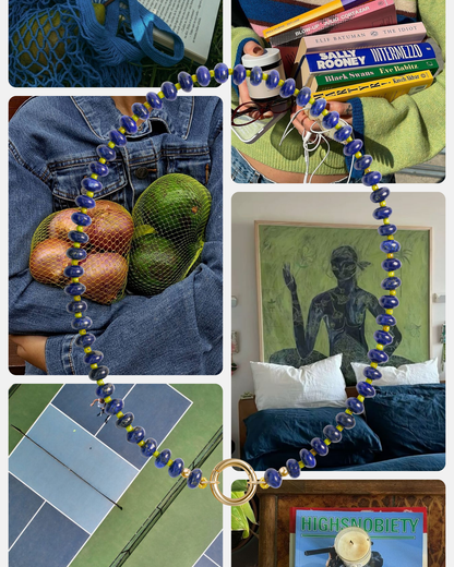 A collage featuring the Mod + Jo Macey Gemstone Necklace, books, a person holding fruit in net bags, a blue tennis court, a bed with a green painting above it, and a HIGHSNOBIETY magazine.