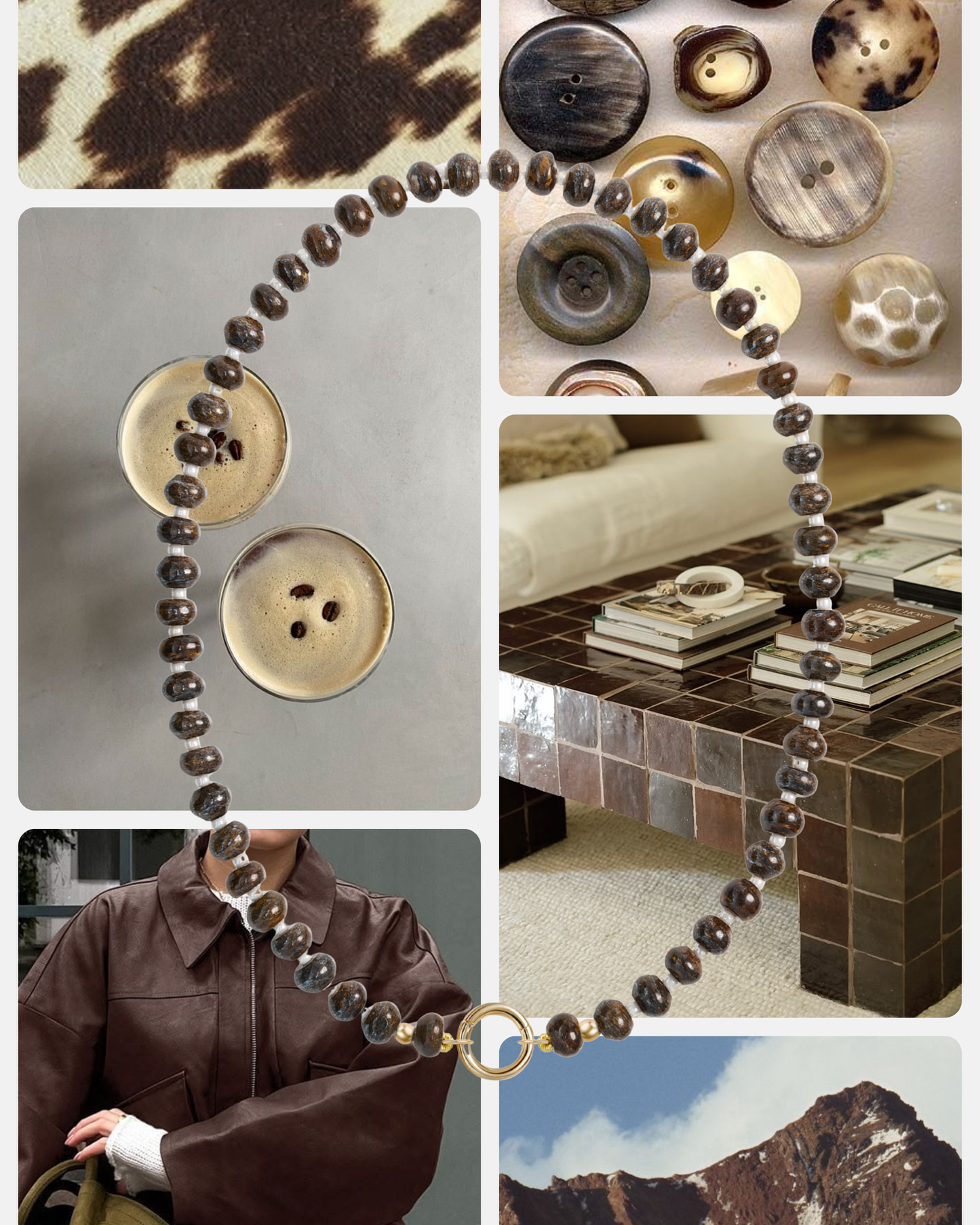 A collage features brown and beige buttons, the Mod + Jo Macey Gemstone Necklace, a leather jacket, books on a tiled table, animal print fabric, and a rugged brown mountain landscape.