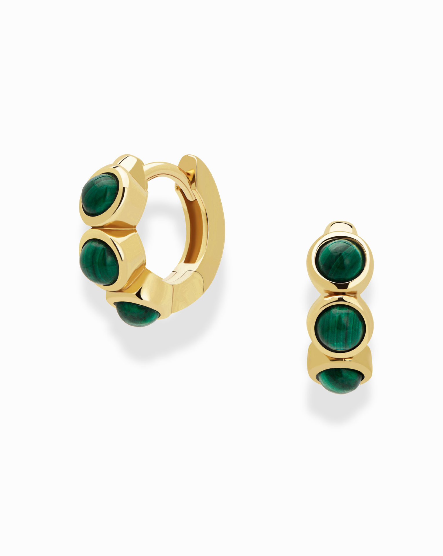 The Corynn Gemstone Huggies by Mod + Jo are 18k gold plated earrings, each with three round genuine malachite stones set vertically on the front, shown against a white background.