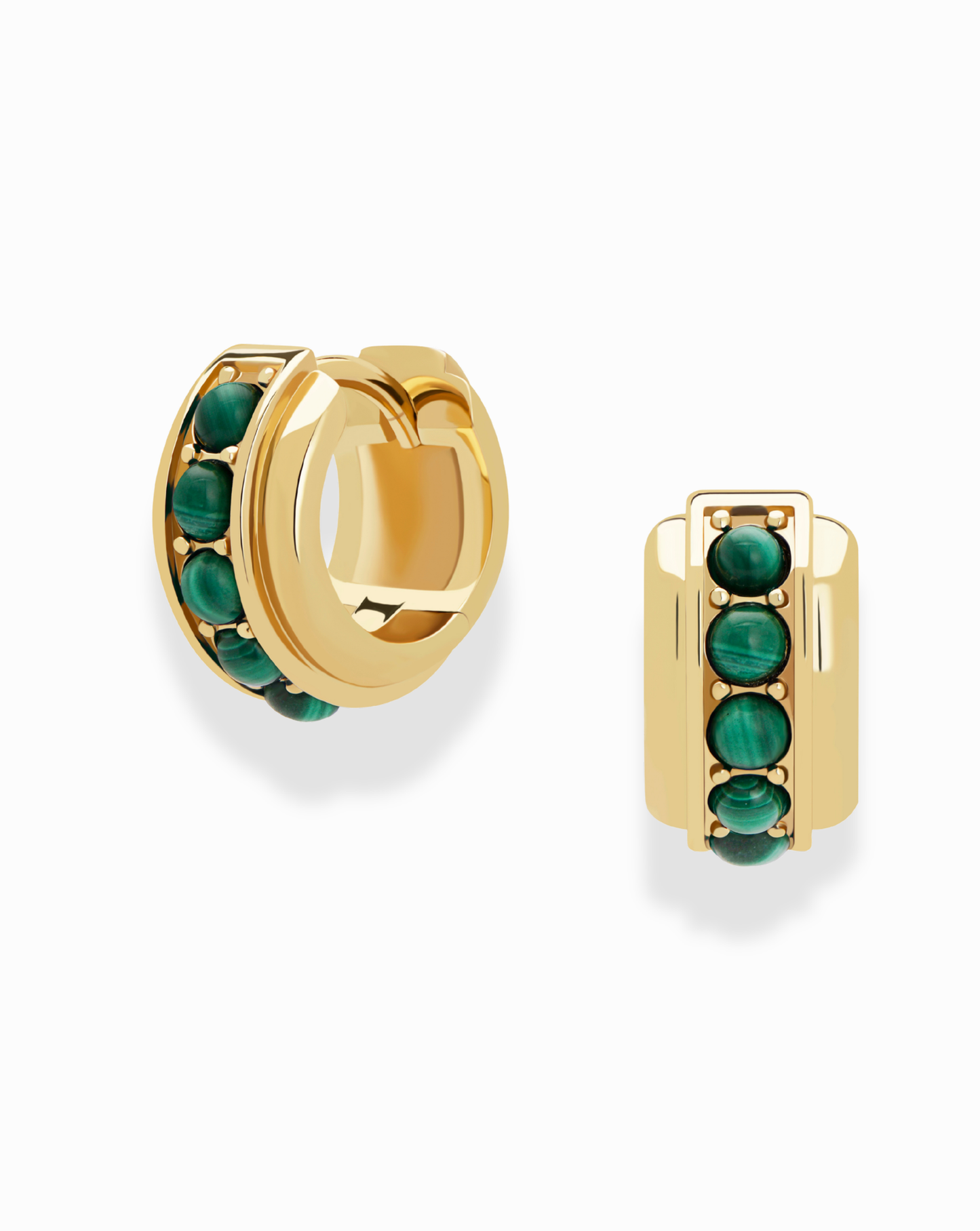 The Mod + Jo Evy Raised Gemstone Hoops are 18k gold-plated earrings with a front row of polished genuine malachite stones, shown against a white background.