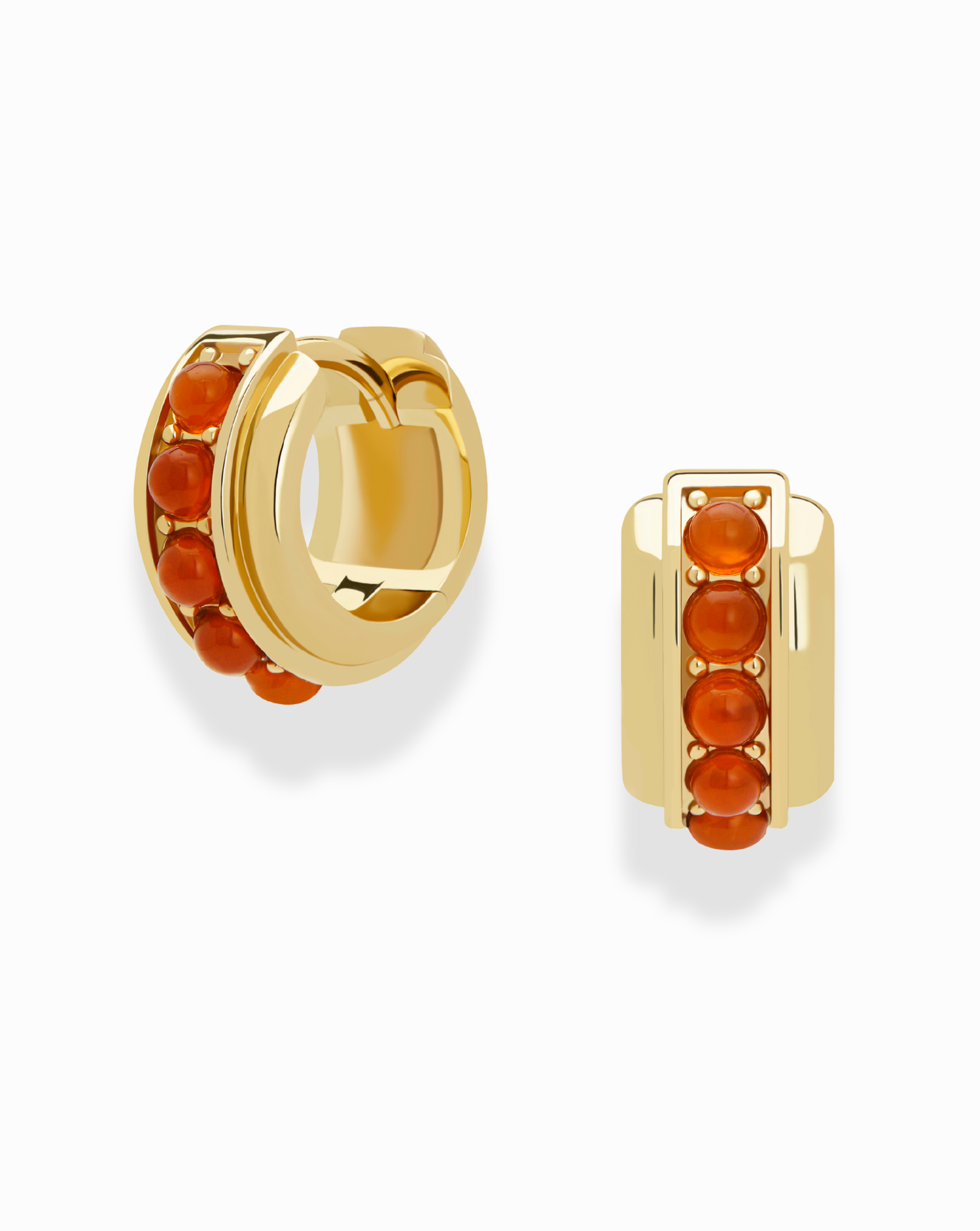 The Mod + Jo Evy Raised Gemstone Hoops feature 18k gold plating and five natural semi-precious orange gemstones set vertically on each earring, shown against a white background.