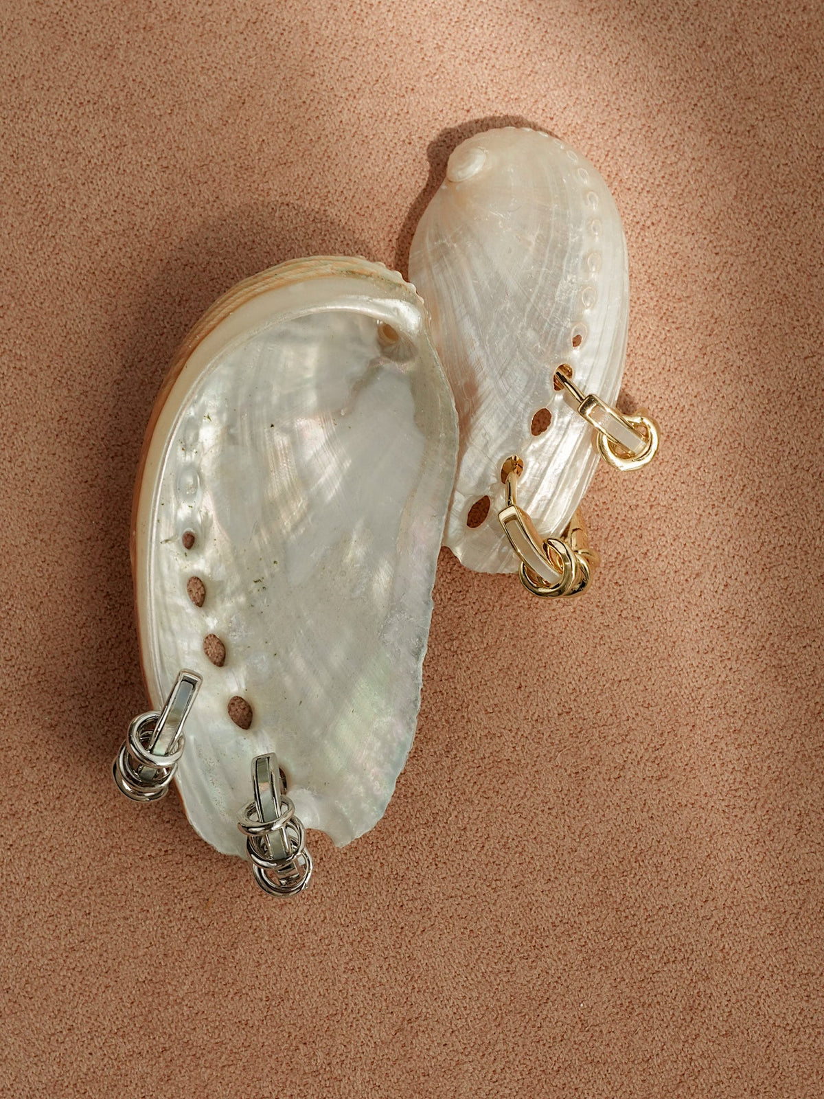 Two iridescent abalone shells display Mod + Jo’s *Preorder* Levi Huggies—one pair in gold, the other in tarnish-resistant silver—perfect for a modern lobe stack on a textured surface.