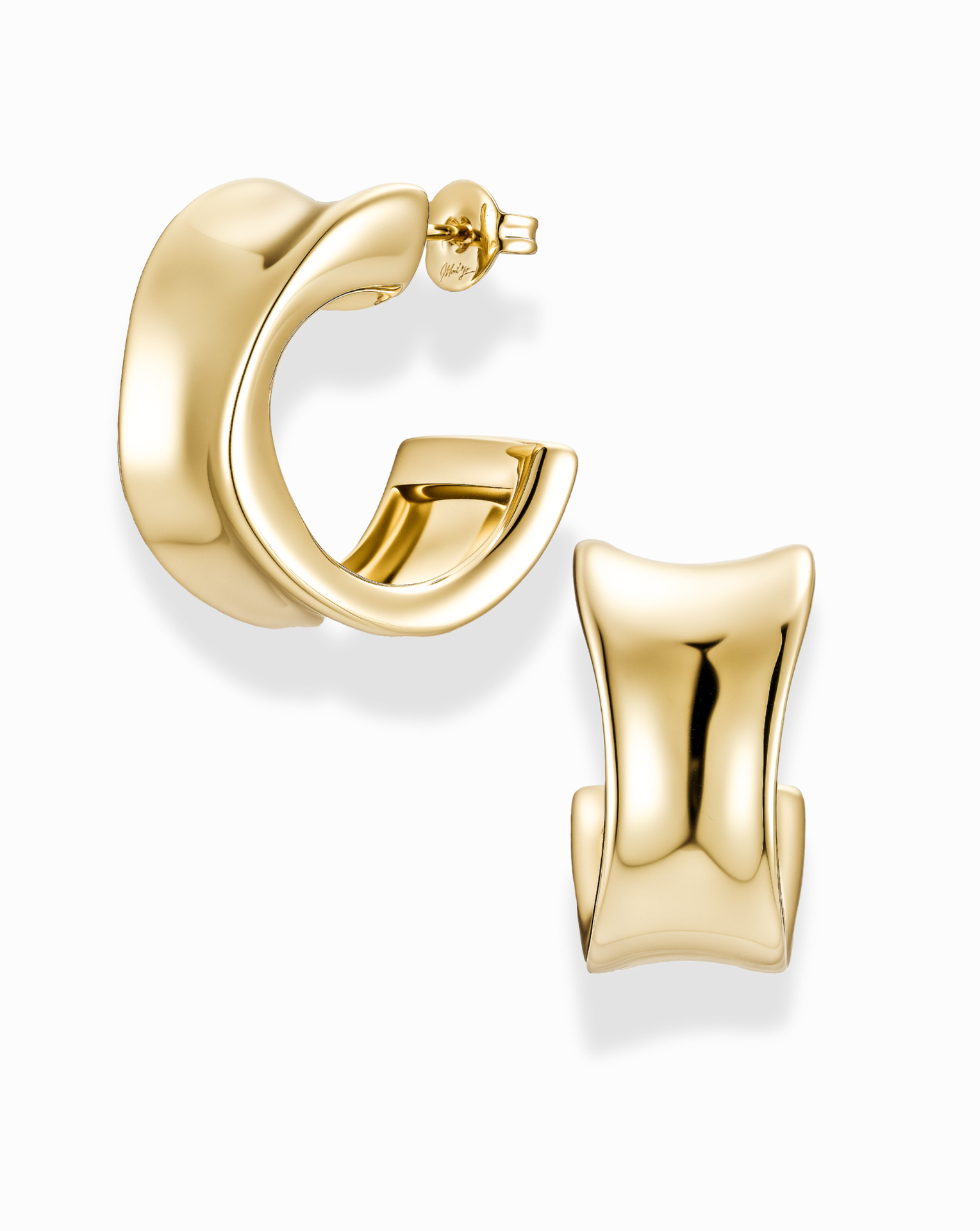 Gold, wide, and inverted curve earrings on a white background