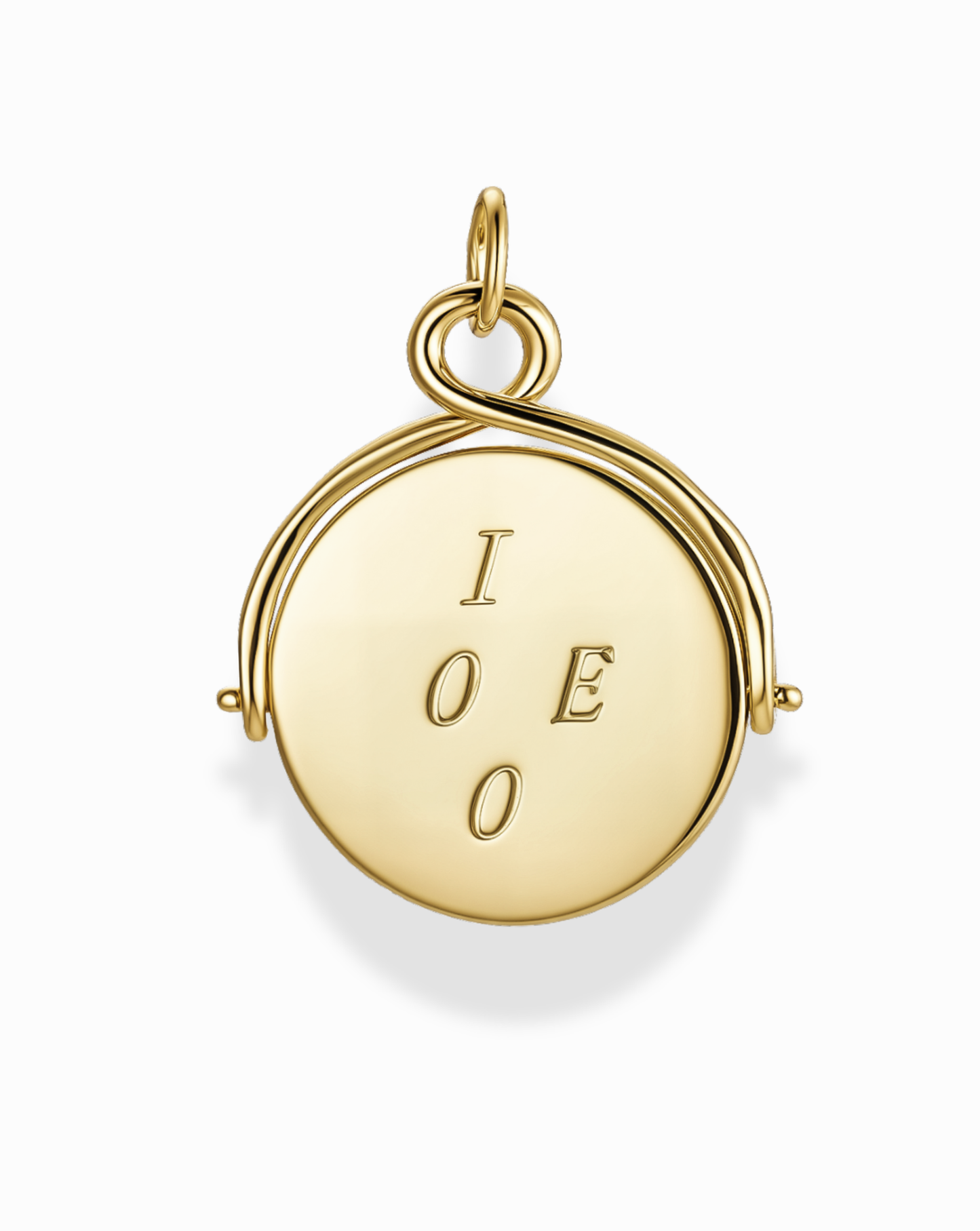 Gold pendant with 'IOEO' engraving on a white background