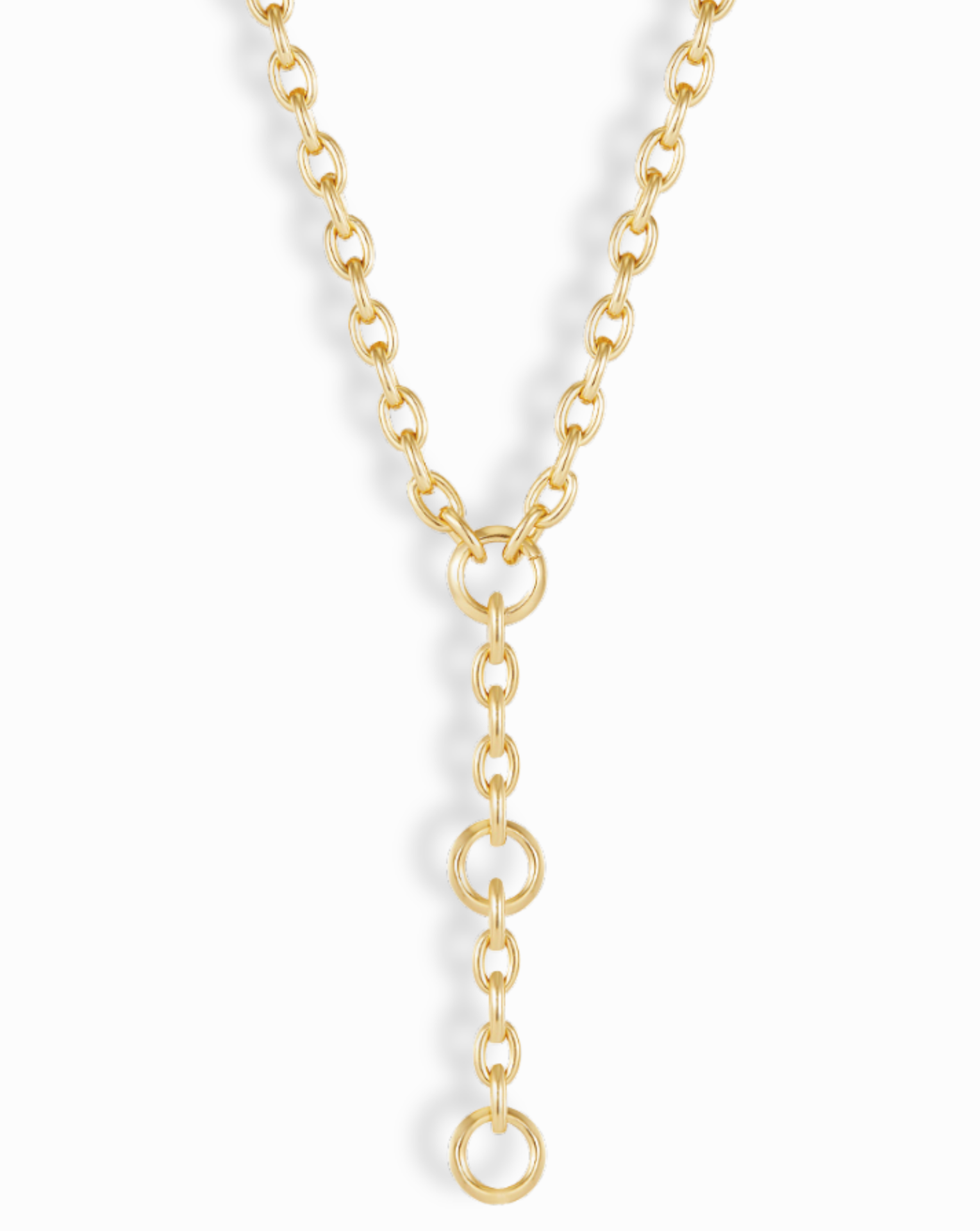 Elegant gold lariat necklace showcasing the Camden Convertible design, highlighting its unique Y-shape and chain detail.