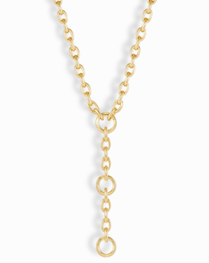 Elegant gold lariat necklace showcasing the Camden Convertible design, highlighting its unique Y-shape and chain detail.