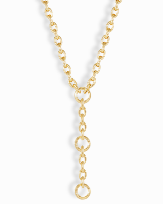 Elegant gold lariat necklace showcasing the Camden Convertible design, highlighting its unique Y-shape and chain detail.