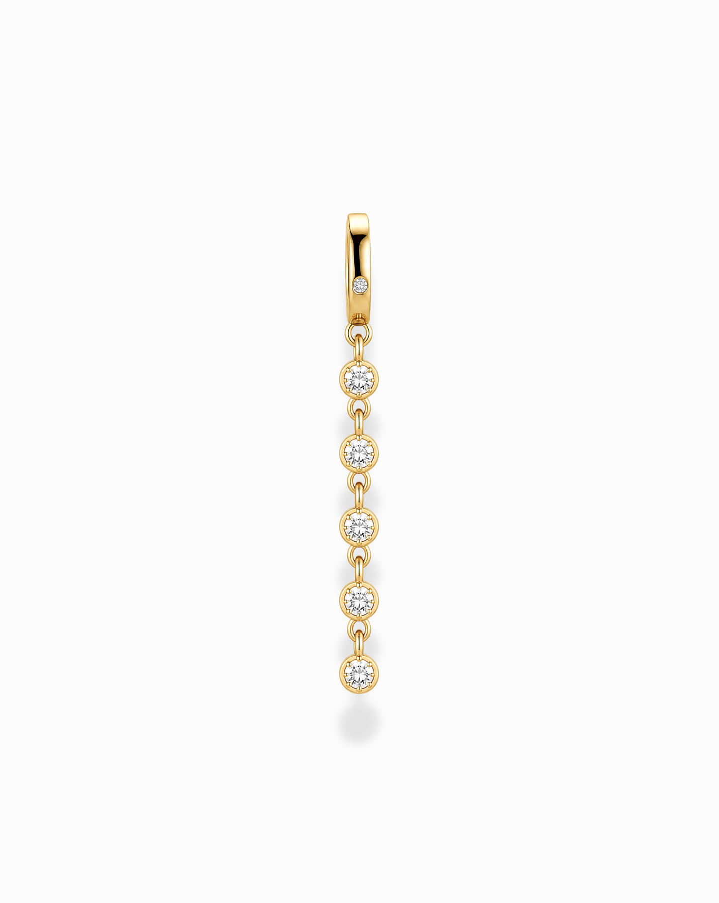 The Demi Tennis Charm by Mod + Jo features six round, vertically aligned cubic zirconia charms, each connected by delicate 14k gold-plated links, beautifully displayed on a white background.
