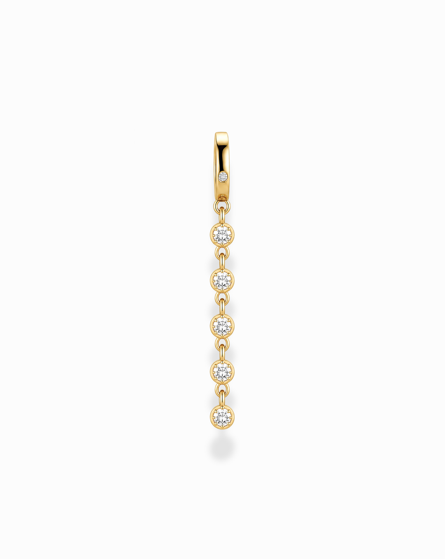 The Demi Tennis Charm by Mod + Jo features six round, vertically aligned cubic zirconia charms, each connected by delicate 14k gold-plated links, beautifully displayed on a white background.