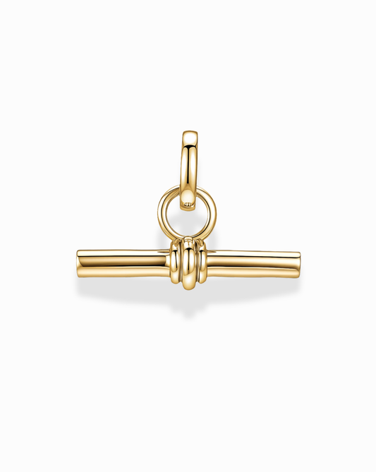 The Elliot Toggle Charm by Mod + Jo features a horizontal 14k gold bar suspended by three rings at the center, connected to a circular bail—all showcased against a white background for an elegant, architectural effect.