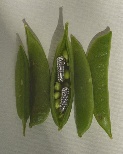 Four green pea pods are displayed, with one pod open to reveal two metal springs nestled among the peas—an allusion to the surprising design of the Elly French Rope Hoops by Mod + Jo. The image artfully blends organic and metallic elements against a neutral backdrop.