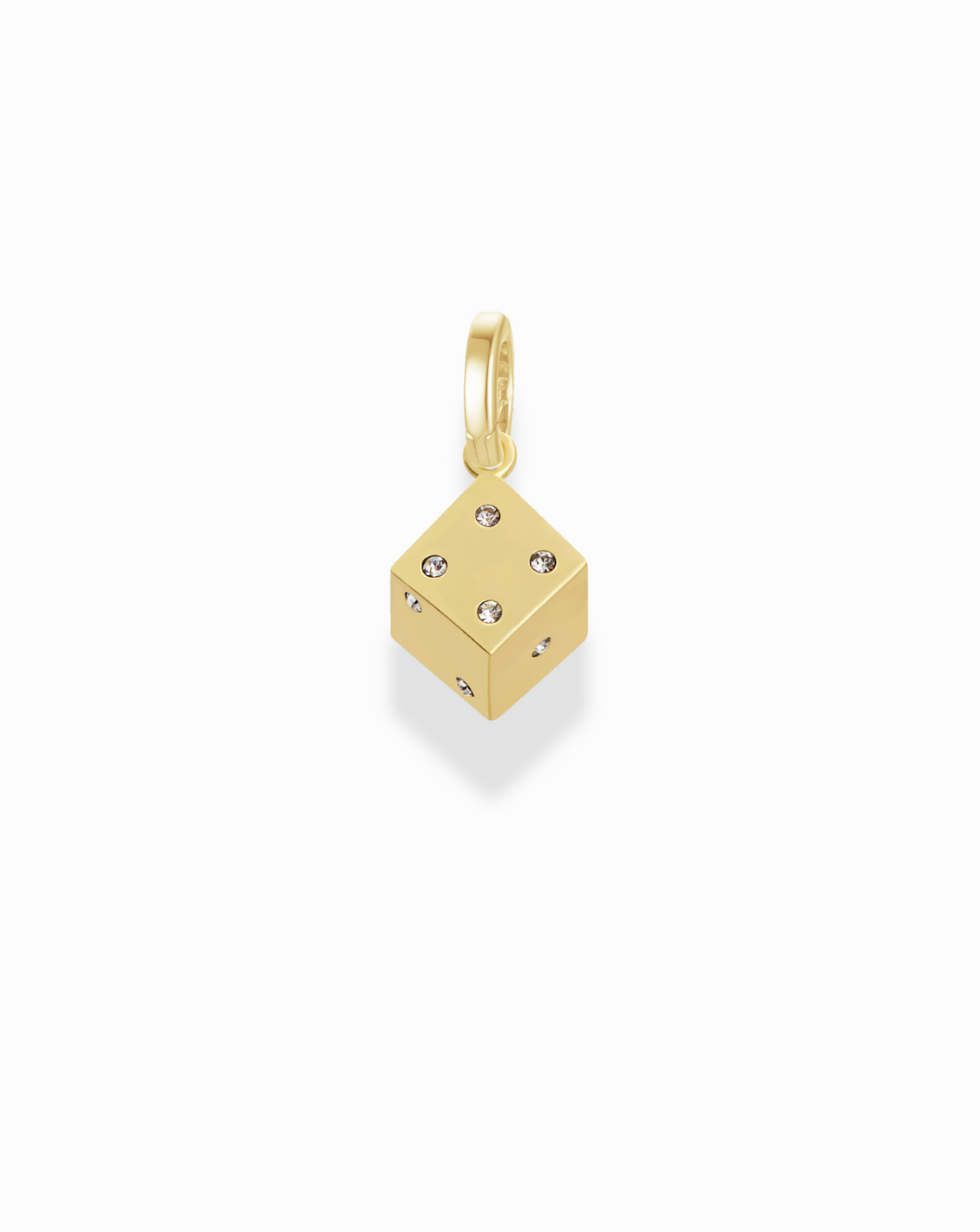 Gold dice charm showcasing a four, with embedded crystals, perfect for a playful, lucky jewelry piece.