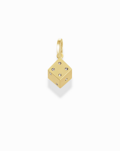 Gold dice charm showcasing a four, with embedded crystals, perfect for a playful, lucky jewelry piece.