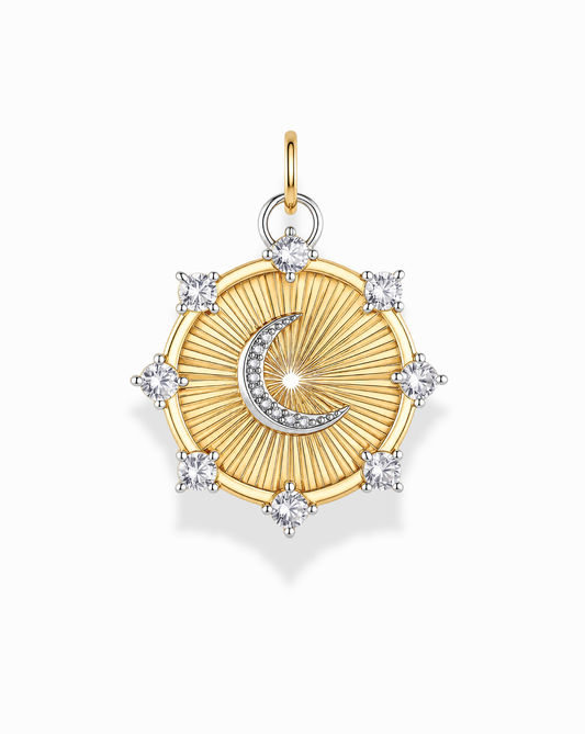 Discover celestial jewelry at its finest with the Lyra Moon Charm by Mod + Jo. This gold pendant features a radiant sunburst design, elegantly highlighted by a graceful moon charm and shimmering diamond accents. Eight sparkling diamonds adorn the edges, while a small loop at the top makes it easy to attach to your favorite chain.