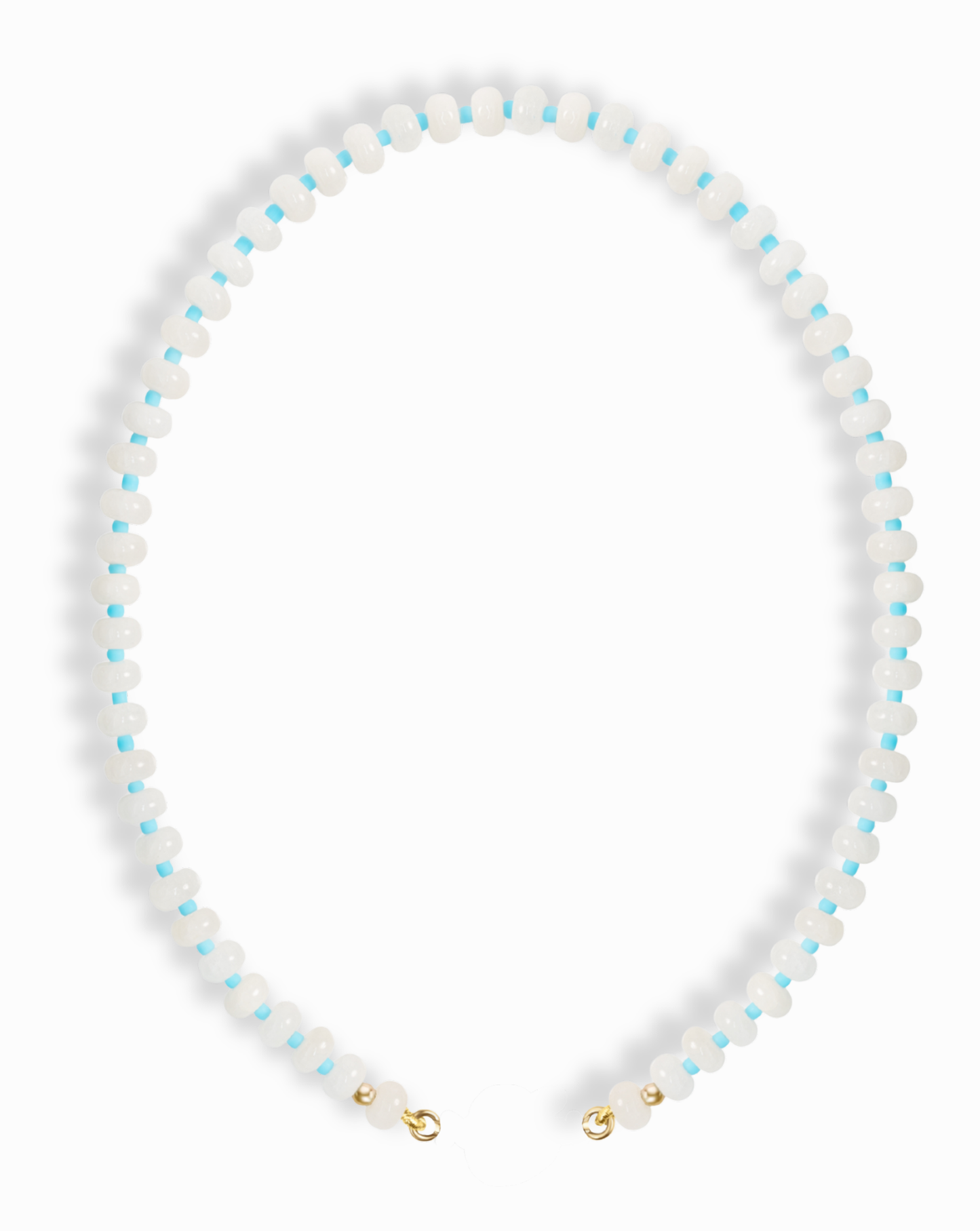 The Macey Gemstone Necklace by Mod + Jo features alternating small white jade and light blue beads in a circular pattern, finished with gold-colored clasps.