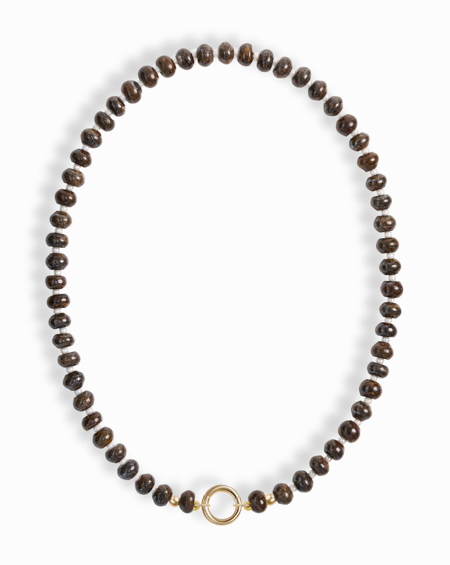 The Macey Gemstone Necklace by Mod + Jo features evenly spaced dark brown round beads and a simple 14k gold-plated circular clasp at the center, displayed on a white background.