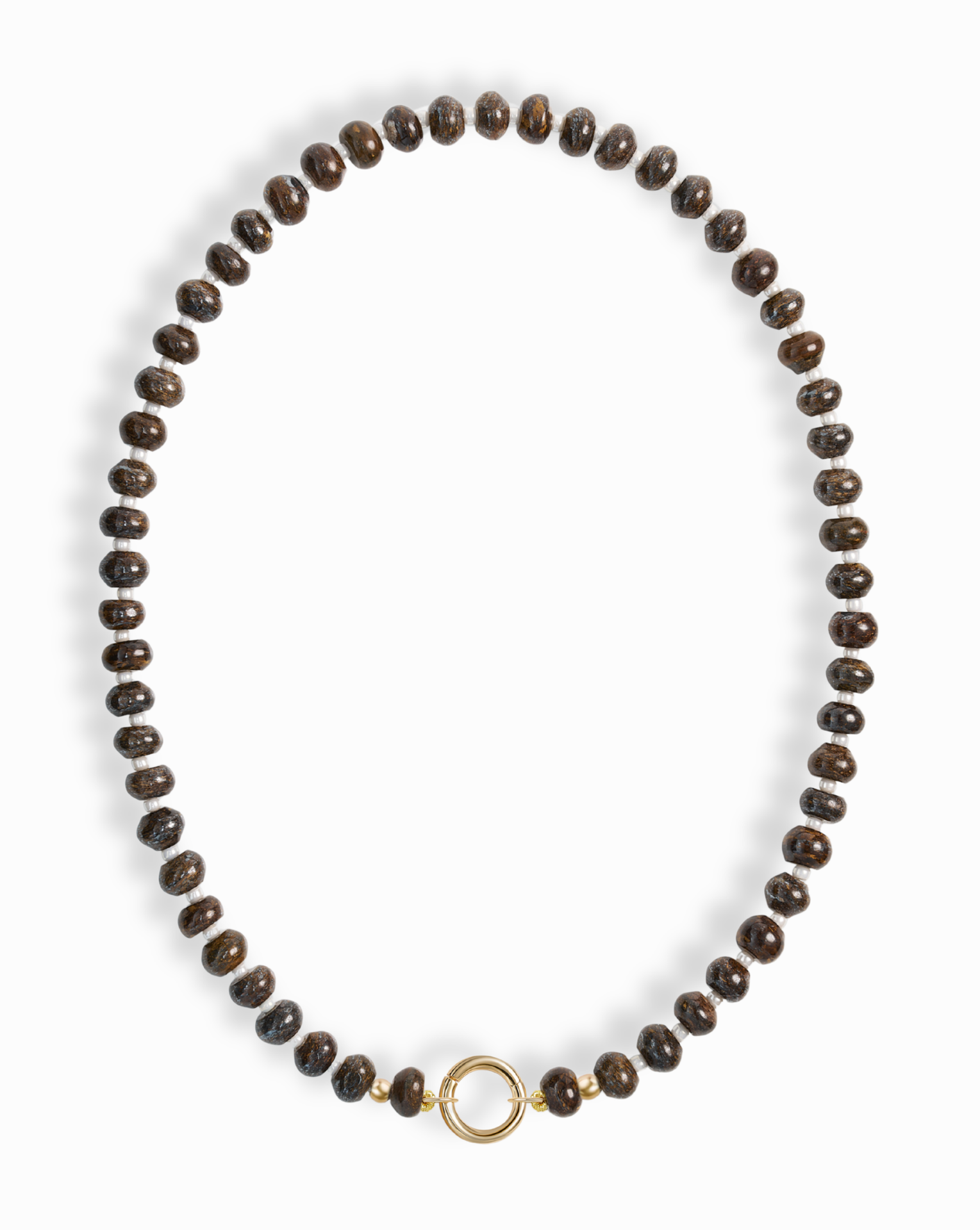 The Macey Gemstone Necklace by Mod + Jo features evenly spaced dark brown round beads and a simple 14k gold-plated circular clasp at the center, displayed on a white background.