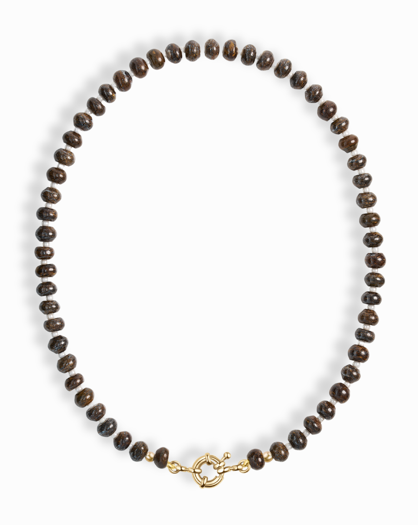 The Mod + Jo Macey Gemstone Necklace features round, dark brown genuine gemstones and a 14k gold-plated clasp, elegantly arranged in an oval shape on a white background.
