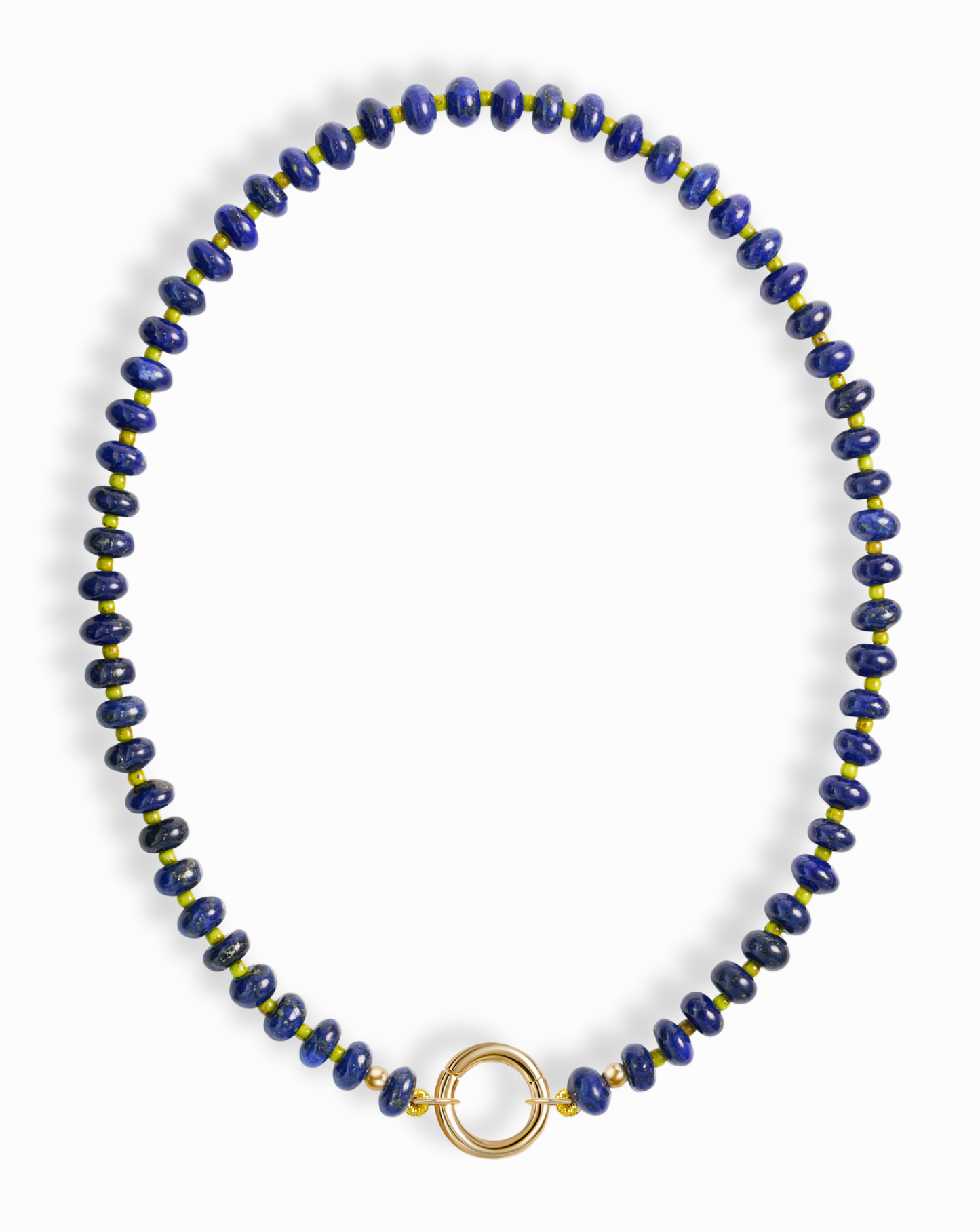 The Mod + Jo Macey Gemstone Necklace features round blue and gold-flecked lapis lazuli beads in a single strand, finished with a statement circular gold clasp at the center—all set against a white background.
