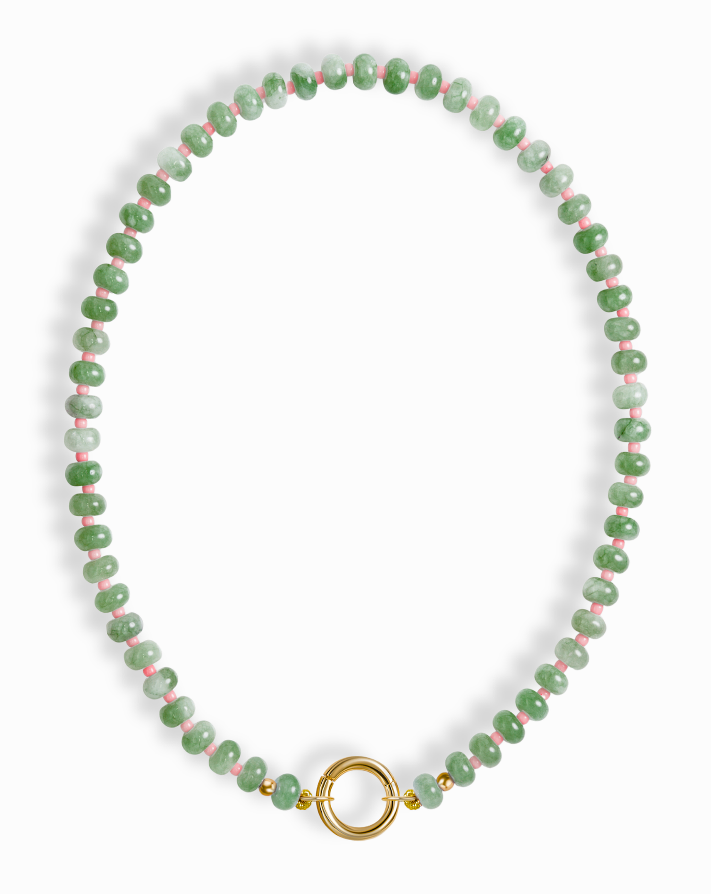 The Macey Gemstone Necklace by Mod + Jo features green jade and pink marbled beads with gold accents and a round gold clasp at the center.