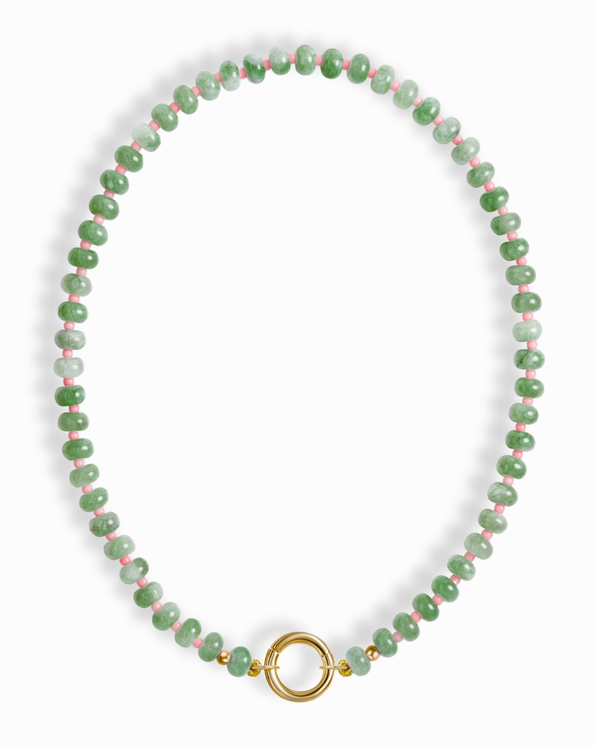 The Macey Gemstone Necklace by Mod + Jo features green jade and pink marbled beads with gold accents and a round gold clasp at the center.