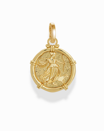 Gold charm pendant featuring an ancient coin replica with Diana/Artemis and her dog.