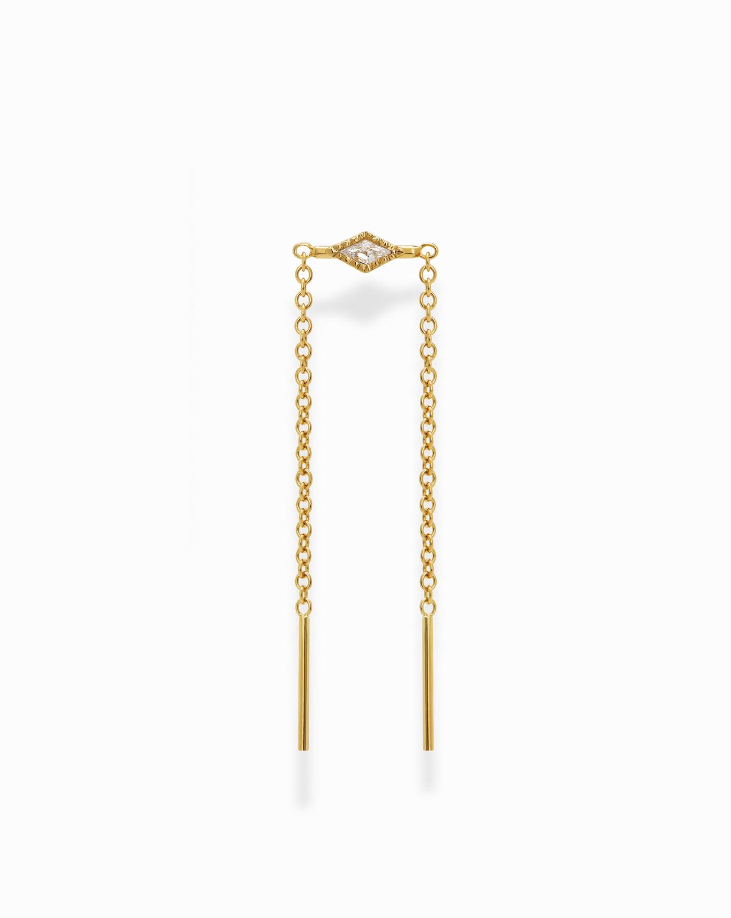 The Nicole Kite Threader Earring by Mod + Jo features a gold-plated threader design with a marquise-shaped cubic zirconia at the top center and two delicate chains ending in straight gold bars, displayed on a white background.