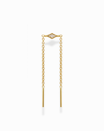 The Nicole Kite Threader Earring by Mod + Jo features a gold-plated threader design with a marquise-shaped cubic zirconia at the top center and two delicate chains ending in straight gold bars, displayed on a white background.