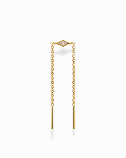 The Nicole Kite Threader Earring by Mod + Jo features a gold-plated threader design with a marquise-shaped cubic zirconia at the top center and two delicate chains ending in straight gold bars, displayed on a white background.