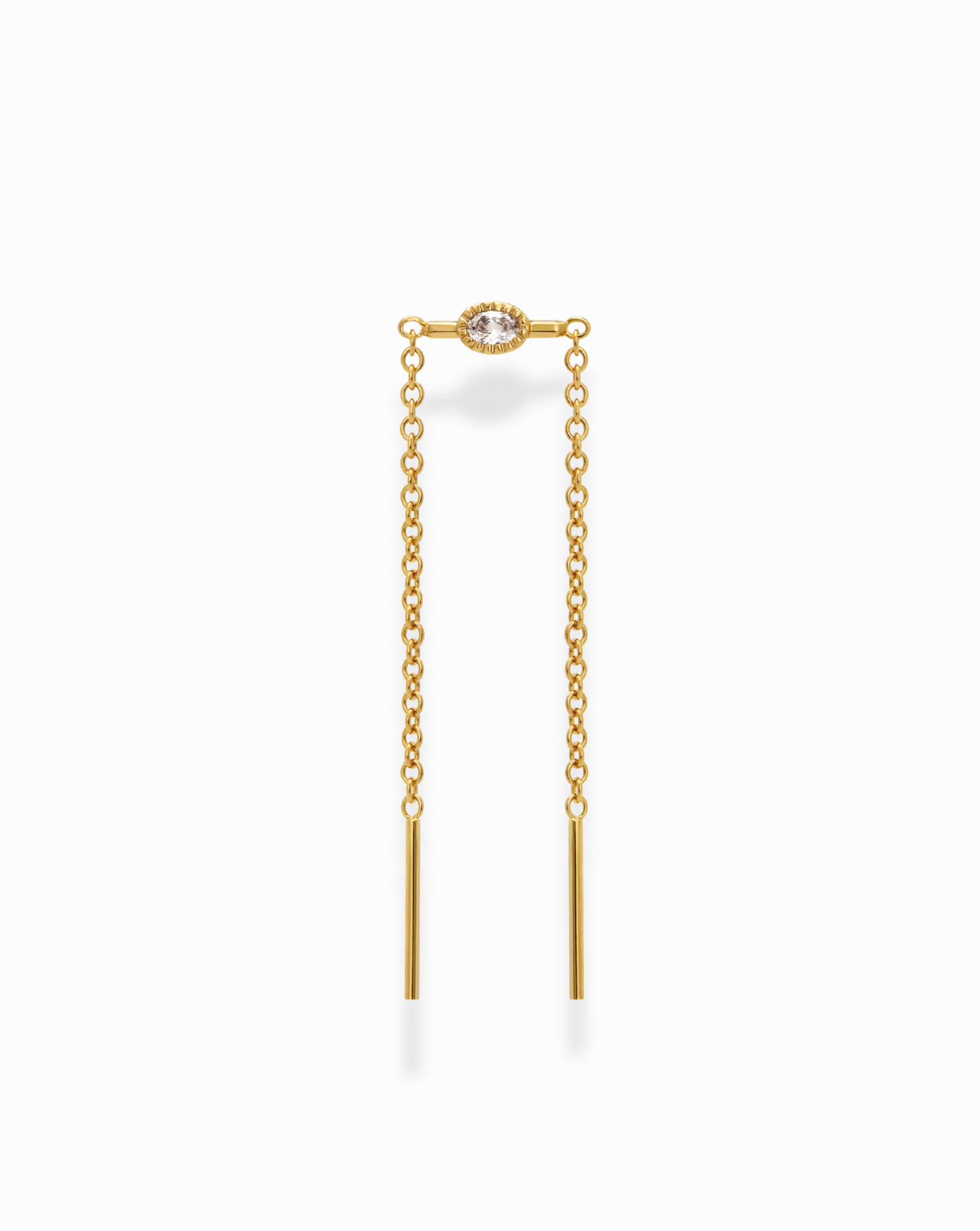 The Nicole Oval Threader Earring by Mod + Jo features a central oval-cut clear cubic zirconia gemstone, gold-plated finish, and two vertical gold bars elegantly suspended from each end of the chain.