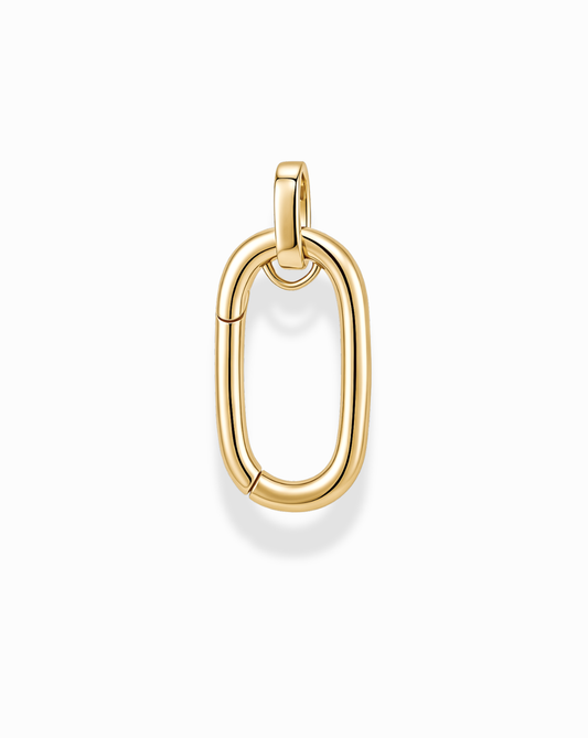 The Mod + Jo Pip Charm Enhancer is a 14k gold, oval-shaped pendant featuring a smooth, polished surface and a small loop at the top for attaching to a chain, displayed on a plain white background.