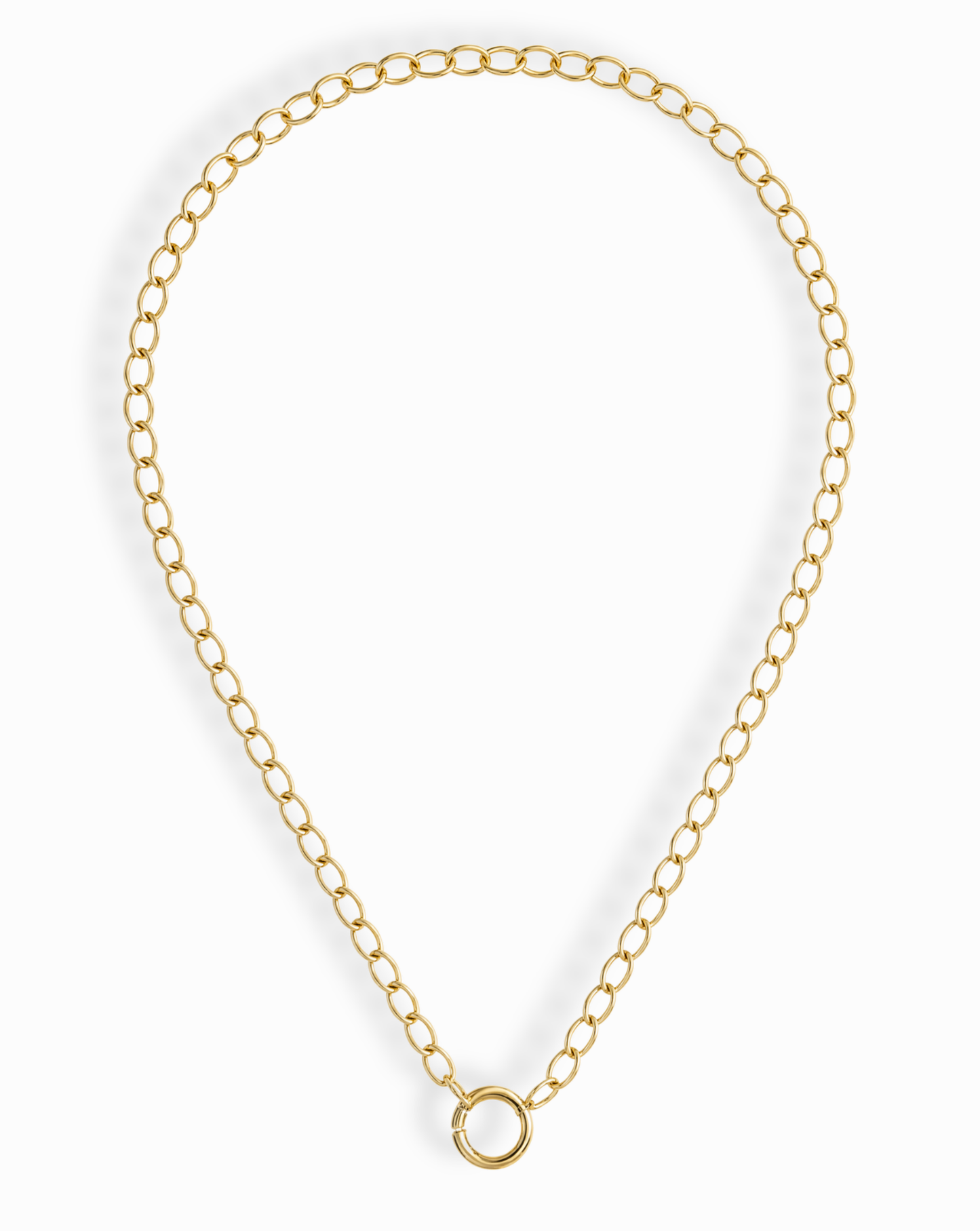 The Presley Charm Clip Necklace by Mod + Jo features 14k gold plating, evenly spaced oval links, and a central circular clasp—ideal as a base chain for charms. Shown against a white background.
