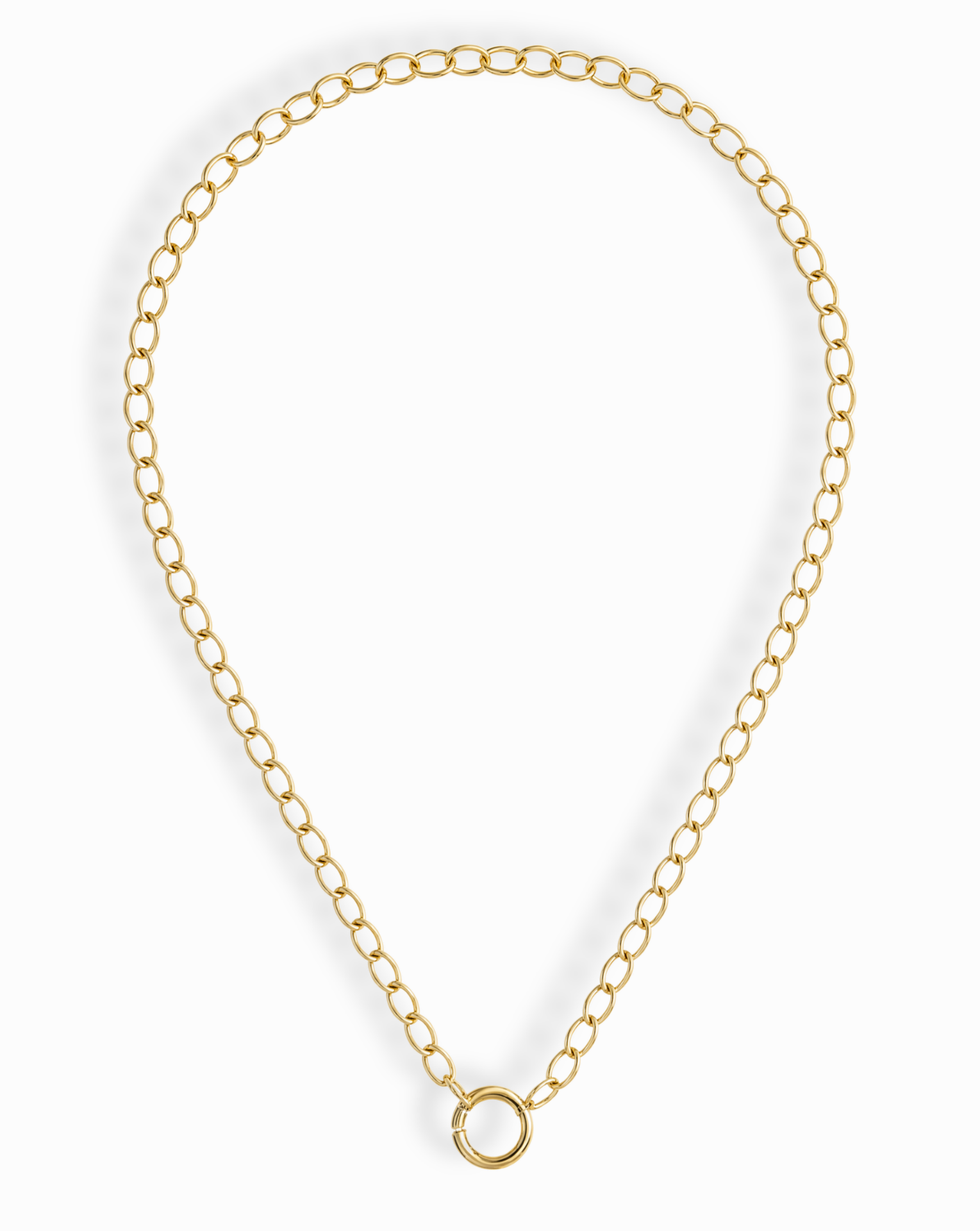 The Presley Charm Clip Necklace by Mod + Jo features 14k gold plating, evenly spaced oval links, and a central circular clasp—ideal as a base chain for charms. Shown against a white background.
