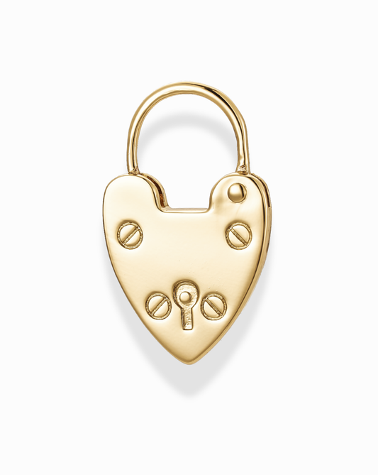 Gold heart-shaped padlock charm on a white background