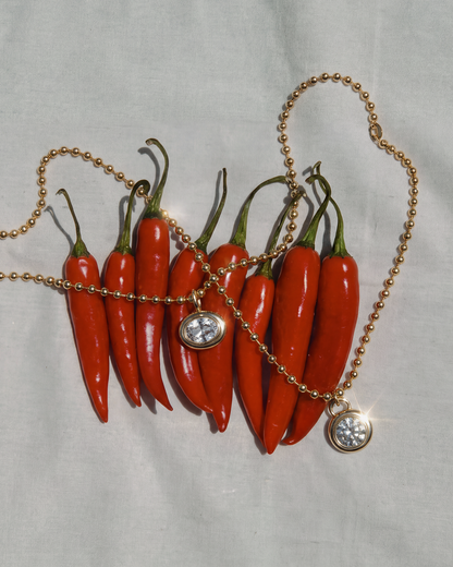 The Mod + Jo Tove Sapphire Bezel Charm, a 14k gold chain necklace with a round sapphire bezel, rests across eight red chili peppers on a light fabric background.