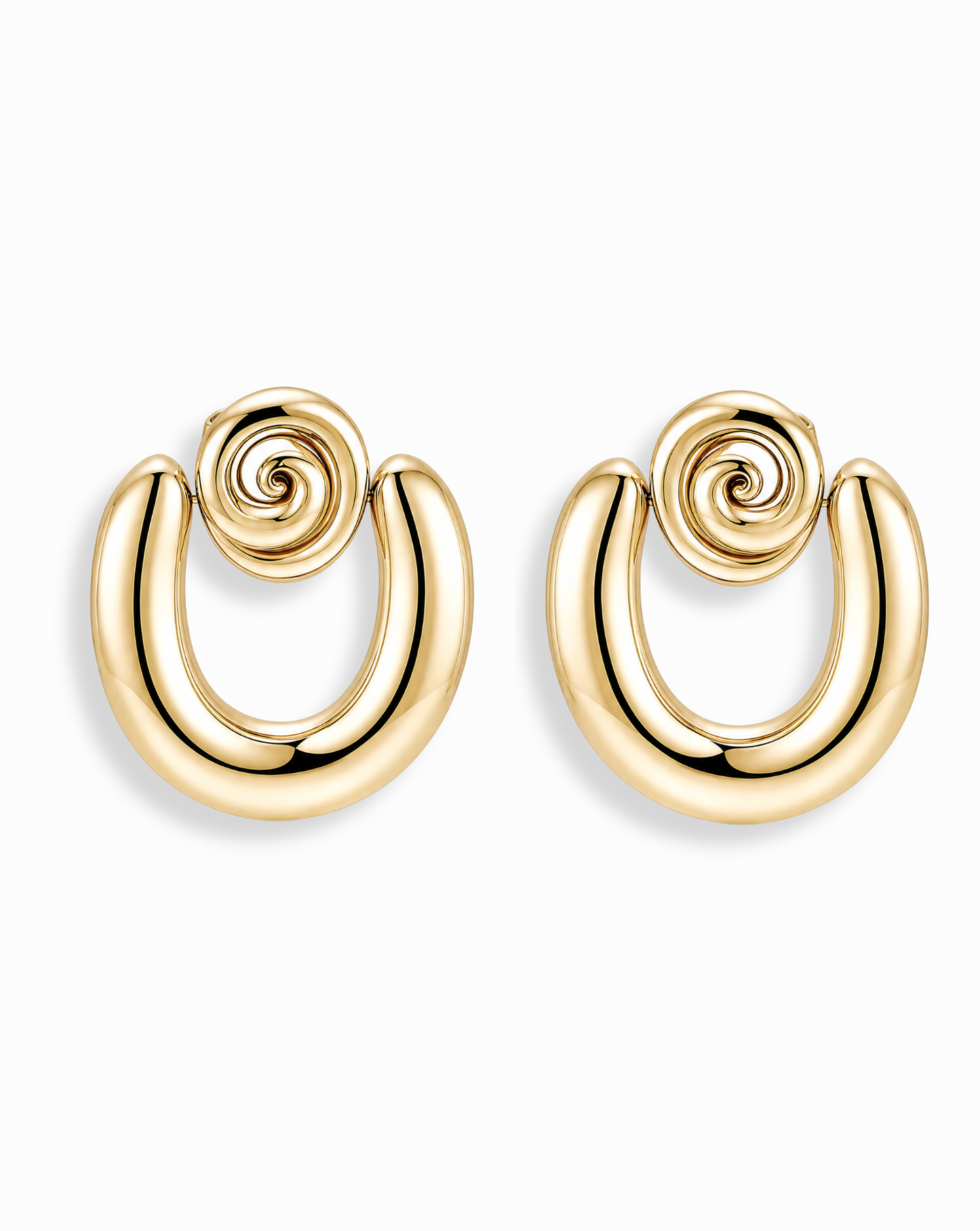 The Mod + Jo Sabine Statement Earrings are shiny 14k gold pieces with a bold, curved U-shape and spiral design at the top, shown against a plain white background.